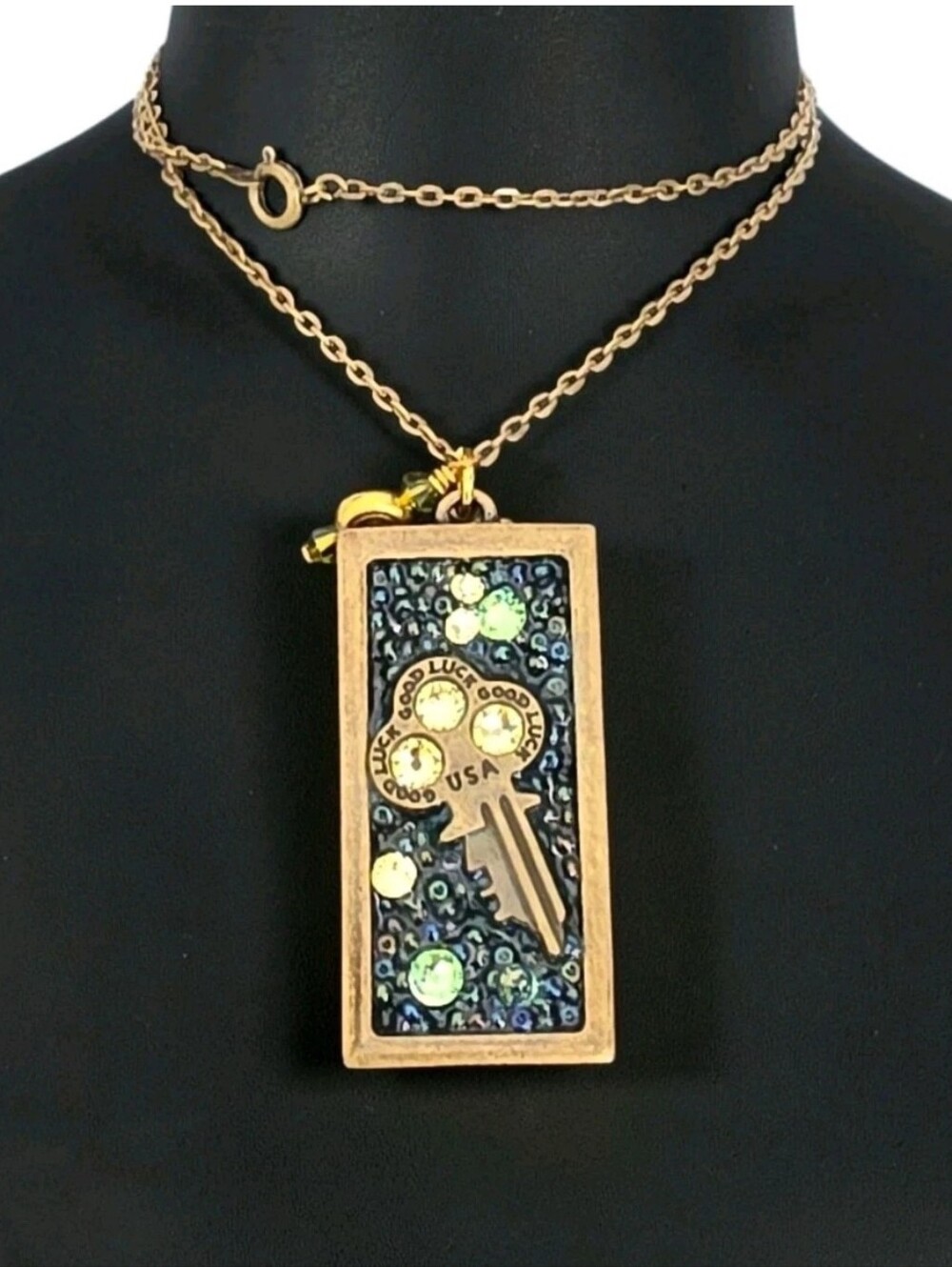 Artisan Good Luck Key Pendant Necklace Rhinestone Beaded Charms 19"